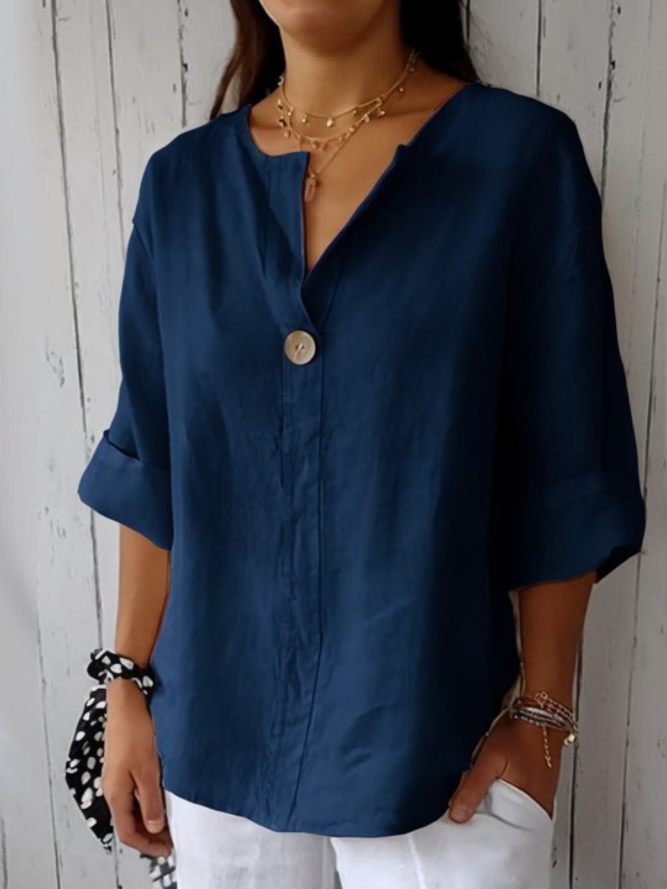 V Neck Three Quarter Sleeve Plain Buttoned Regular Loose Blouse