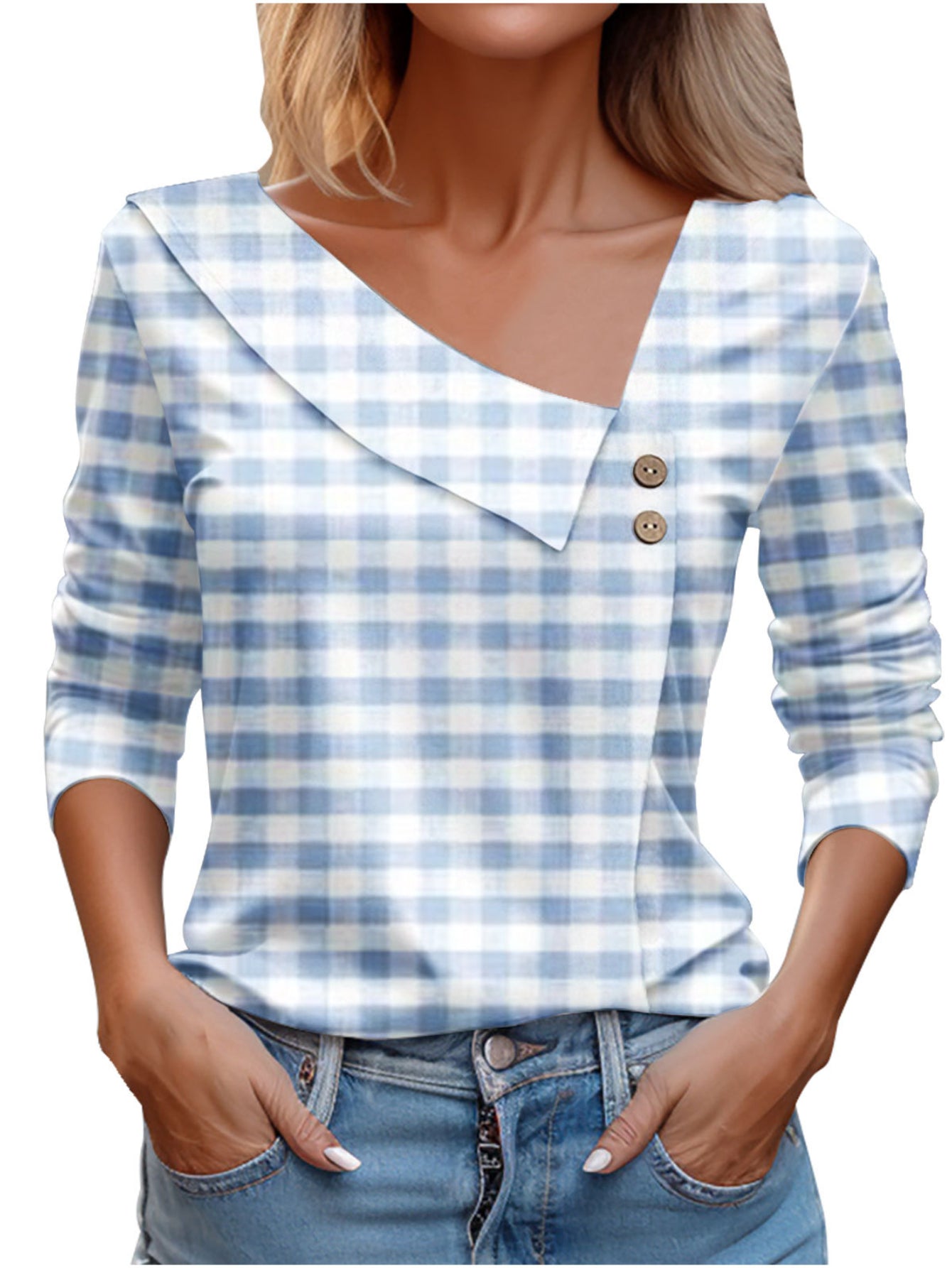 Chic Plaid Print Elegant Long Sleeve V-Neck T-Shirt