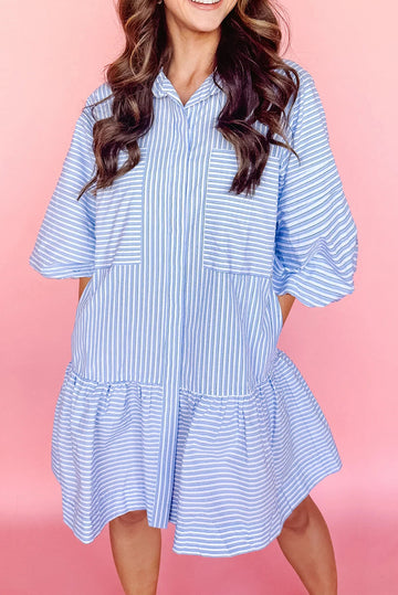 Sky Blue Stripe Bubble Sleeve Chest Pockets Buttoned Shirt Dress