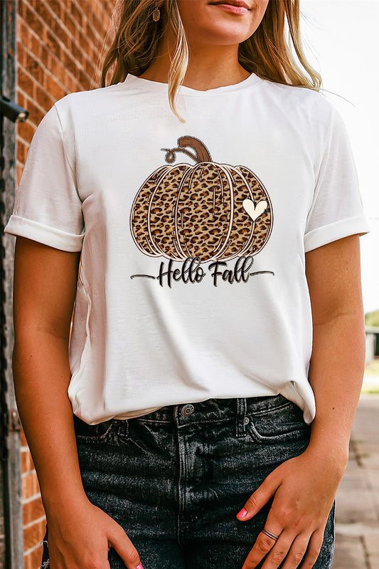 White Hello Fall Leopard Pumpkin Graphic T Shirt