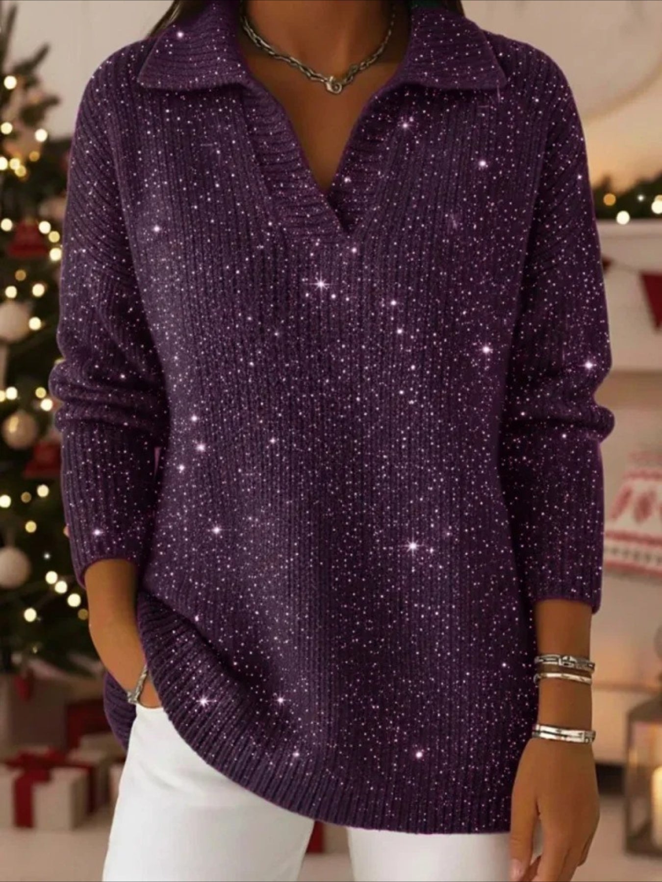 Gradient Color Party Polo Collar Shiny Loose Sweater Top