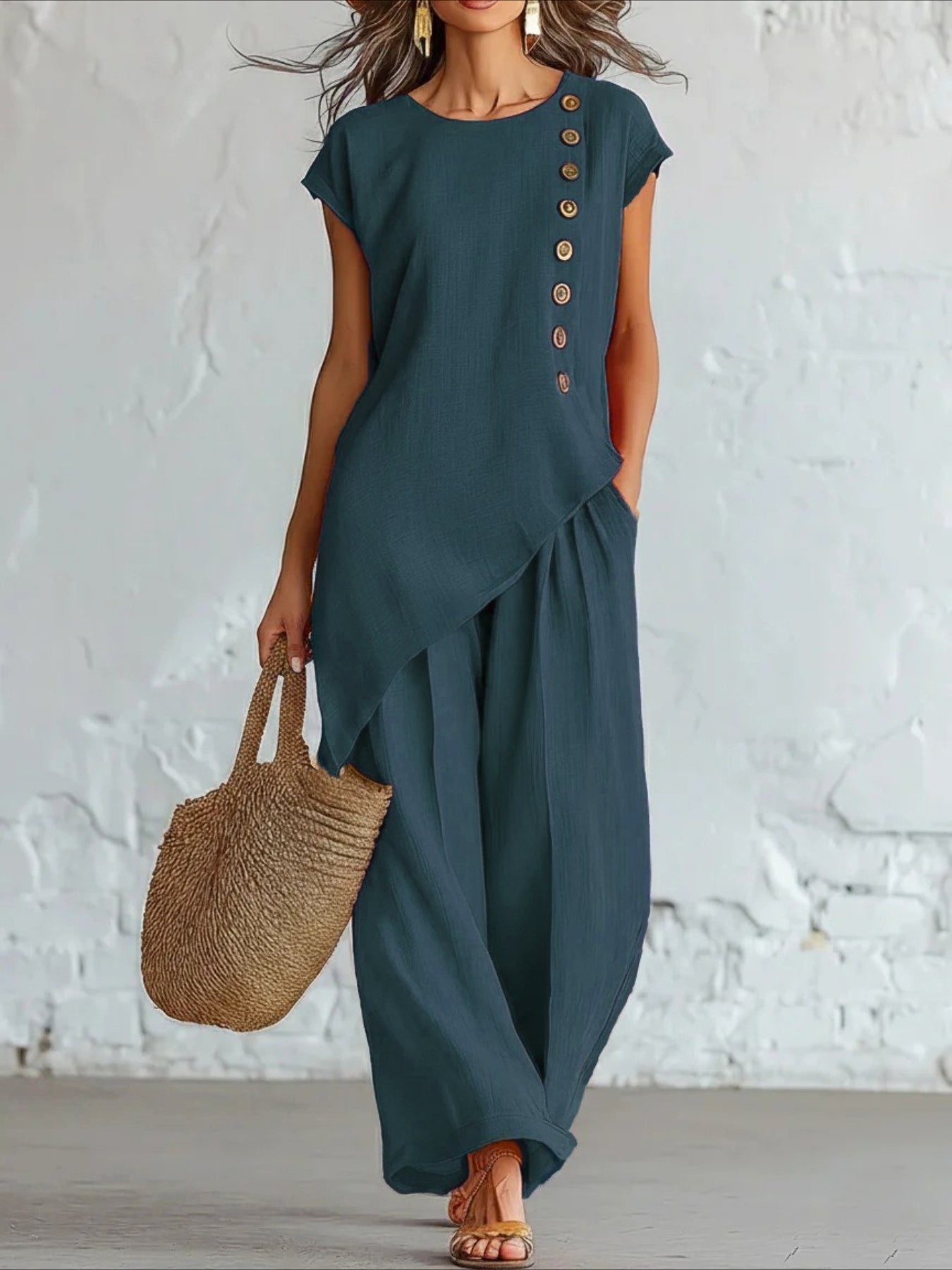 2pcs Set Button Detail Asymmetrical Hem Top & Wide Leg Pants Outfit