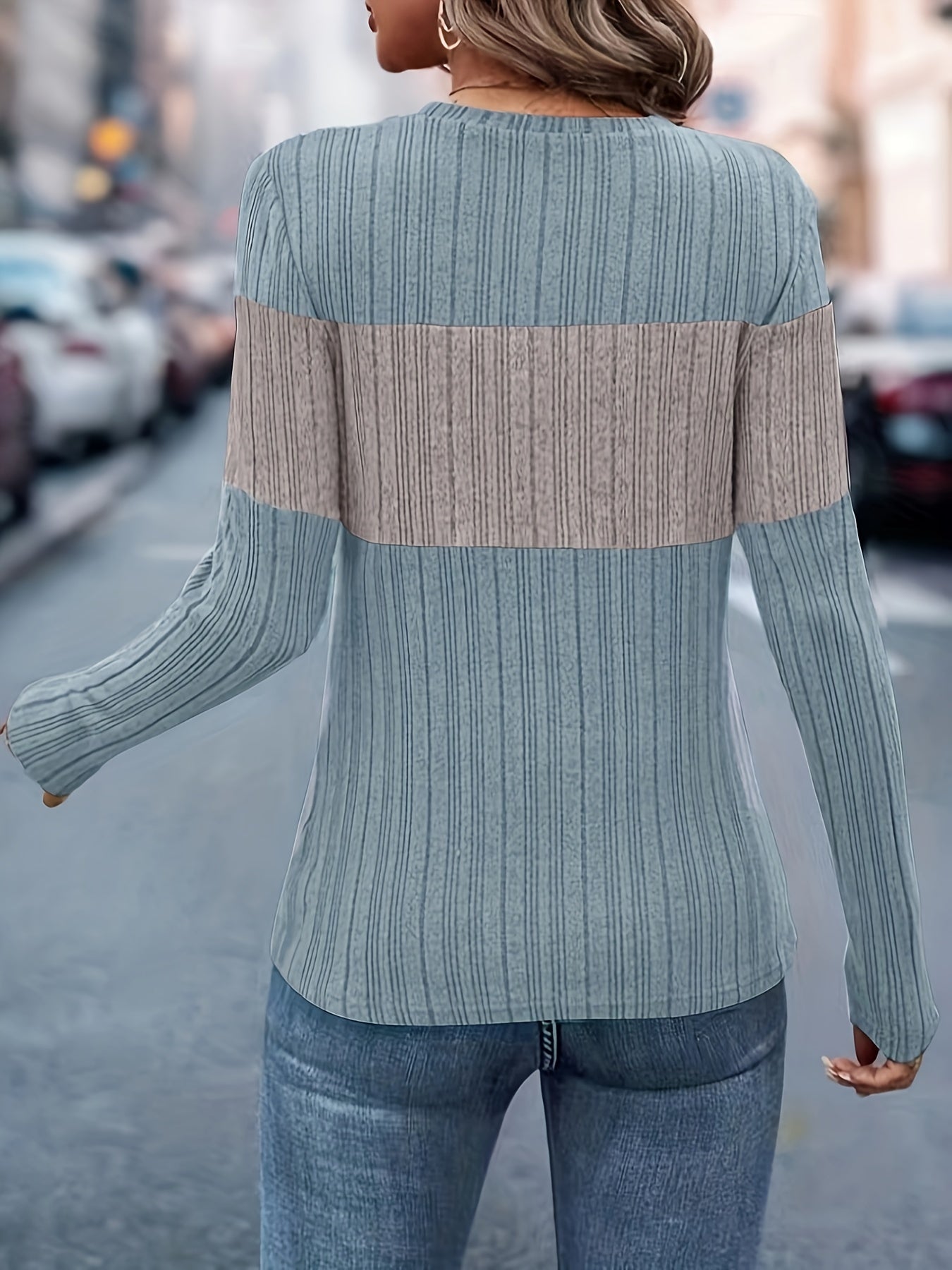 Ribbed Color Block V Neck T-Shirt, Elegant Long Sleeve T-Shirt