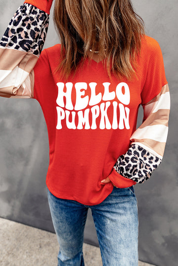 Red Hello Pumpkin Graphic Leopard Striped Colorblock Sleeve V Neck Top