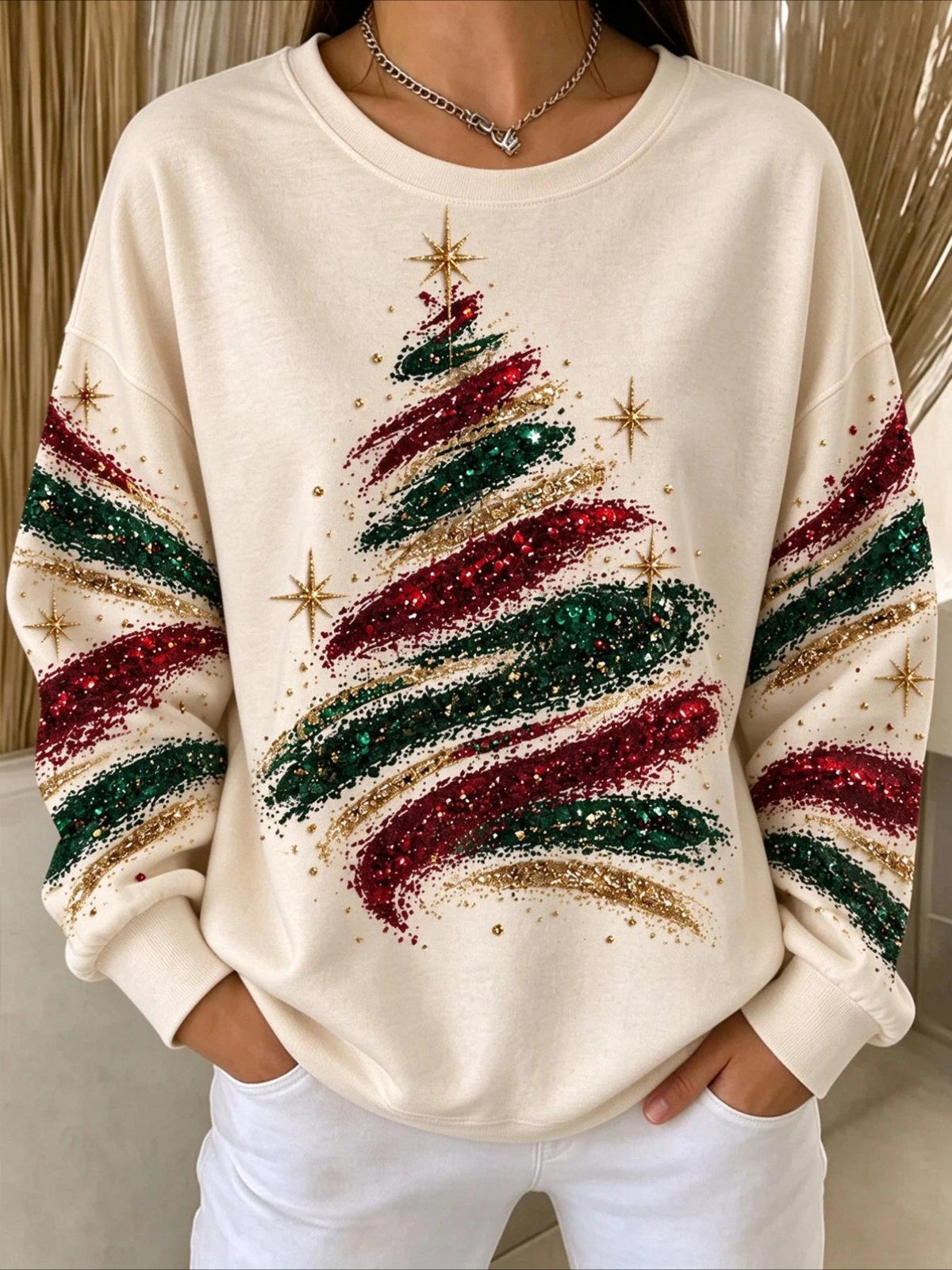 Crew Neck Long Sleeve Vintage Sparkly Christmas Tree Sweatshirt
