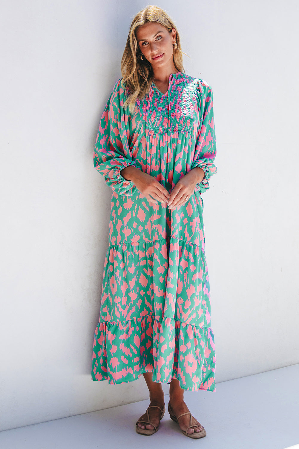 Green Abstract Print Puff Sleeve Tied Notched Neck Long Dress