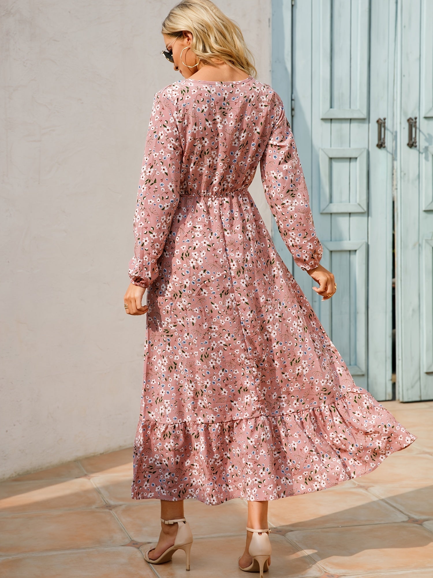 Bohemian Flowy Ruffle Long Dress, Casual Floral Print Long Sleeve Crew Neck Waist Long Dresses