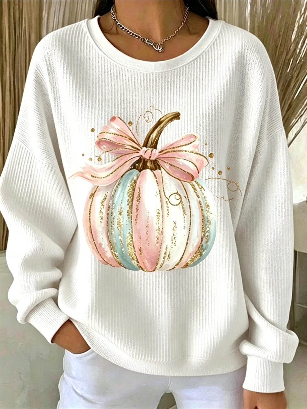Pumpkins Halloween Printed Crew Neck Floral Long Sleeve Sweater Hoodie