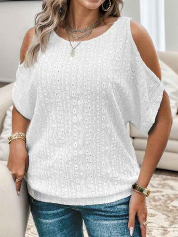 Eyelet Jacquard Cold Shoulder T-Shirt, Casual Short Sleeve Top