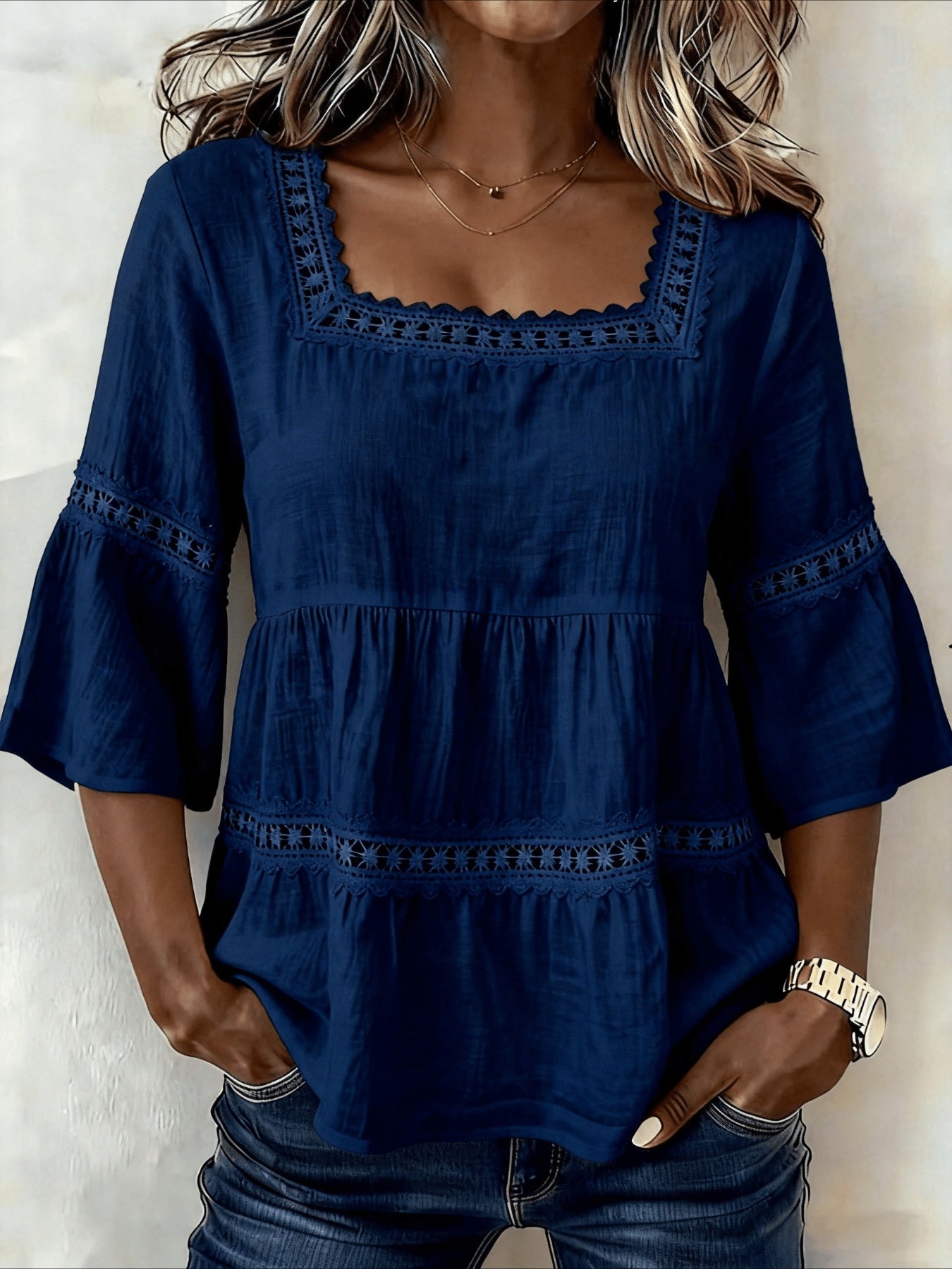 3/4-Length Bell Sleeves Square-Neck Lace-Panel Blouse