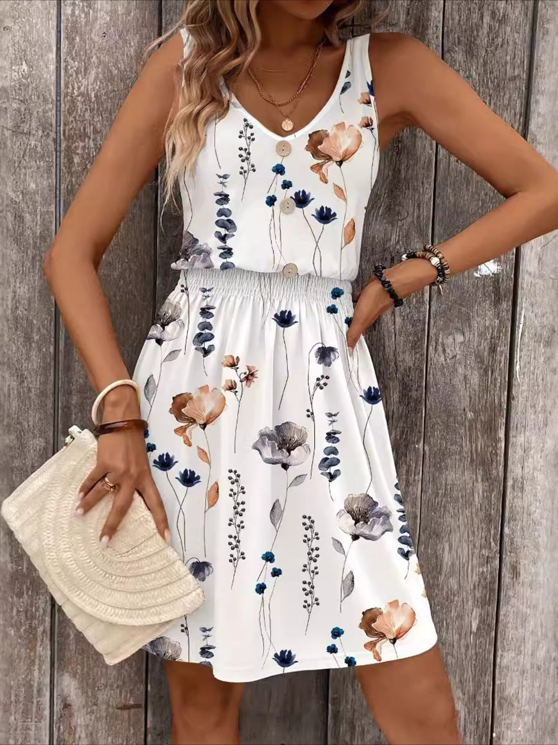 Smocked Floral Print Short Sleeveless V Neck Dress
