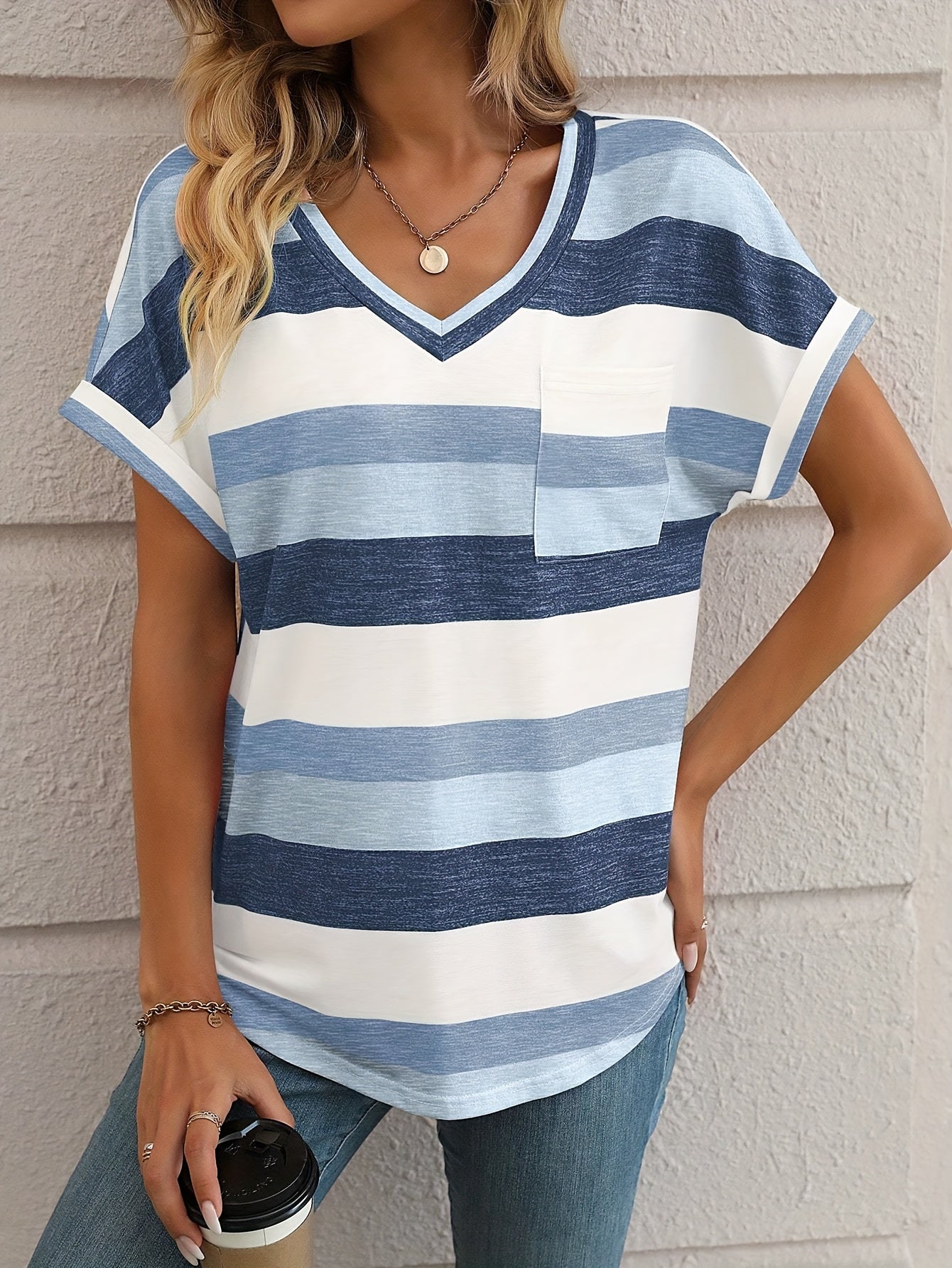 Stripe Print V Neck T-Shirt, Casual Short Sleeve T-Shirt