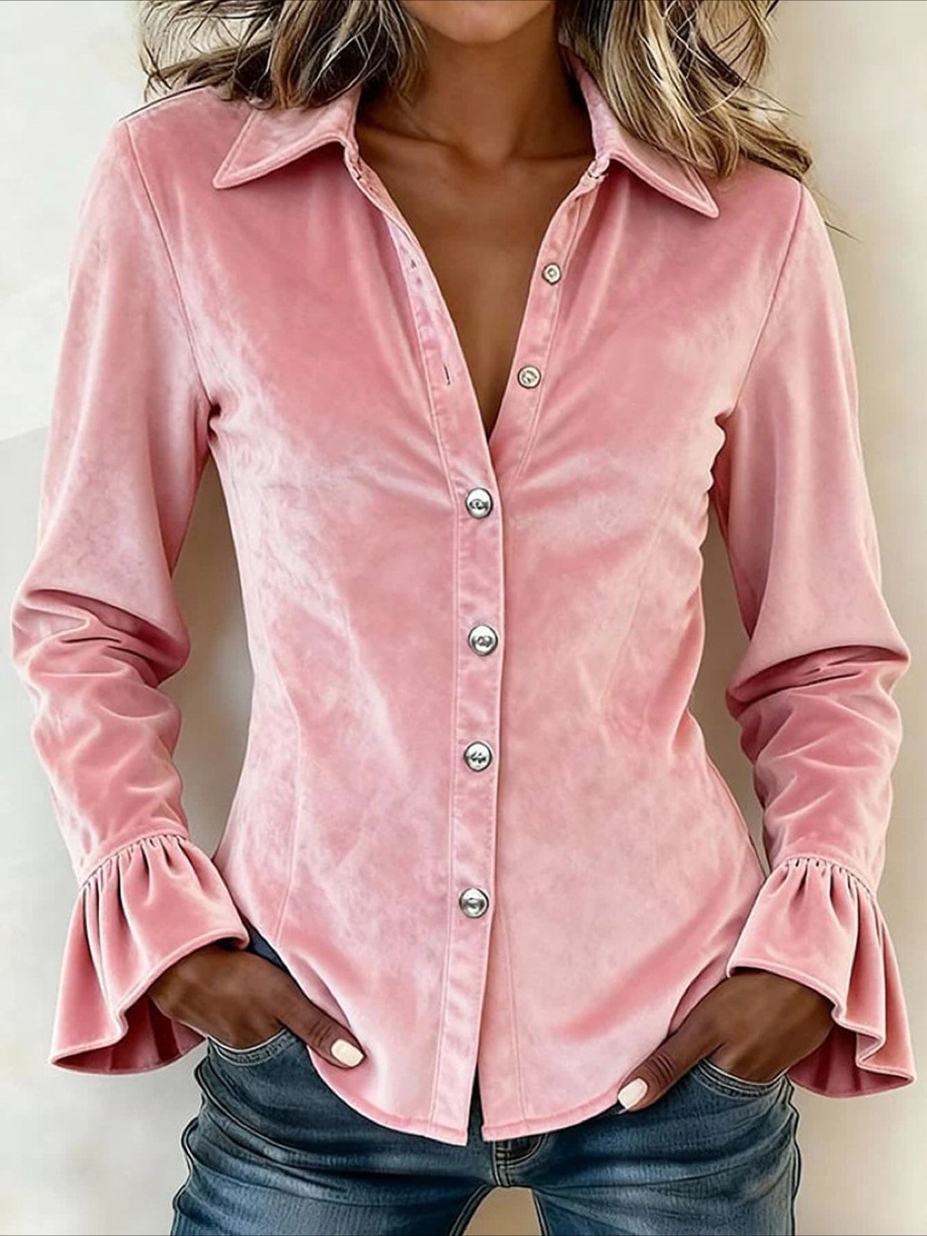 Collared Flare Sleeve Velvet Long Sleeve Shirt