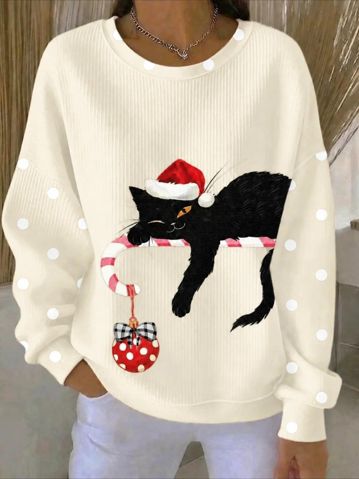 Polka Dots Casual Printing Loose Crew Neck Regular Fit Sweatshirt