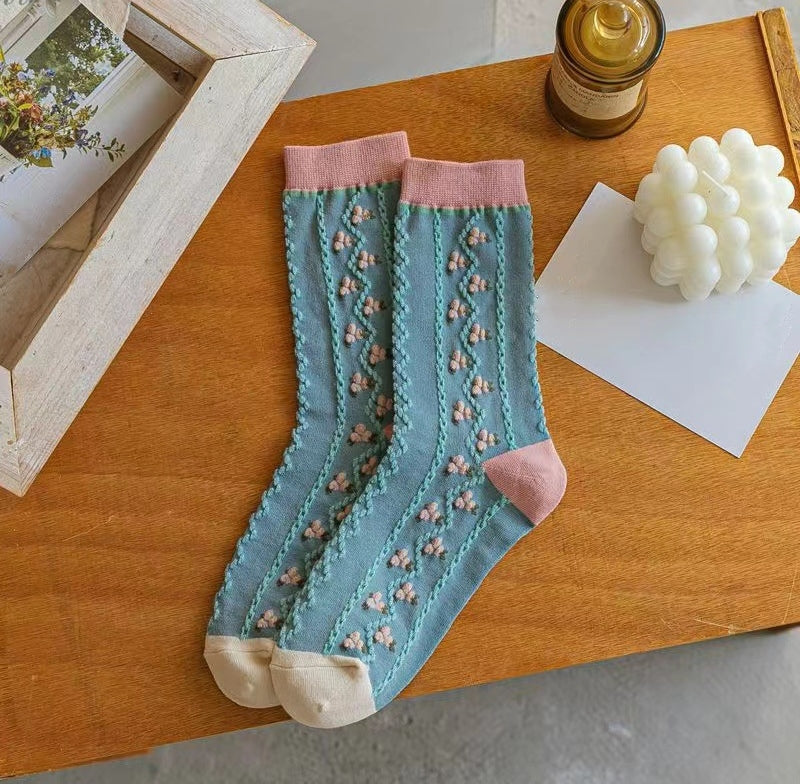 4pairs Floral Socks Set, Women Cute Flower Geometric 3D Textured Ankle Cotton Blend Cottagecore Lucky Socks