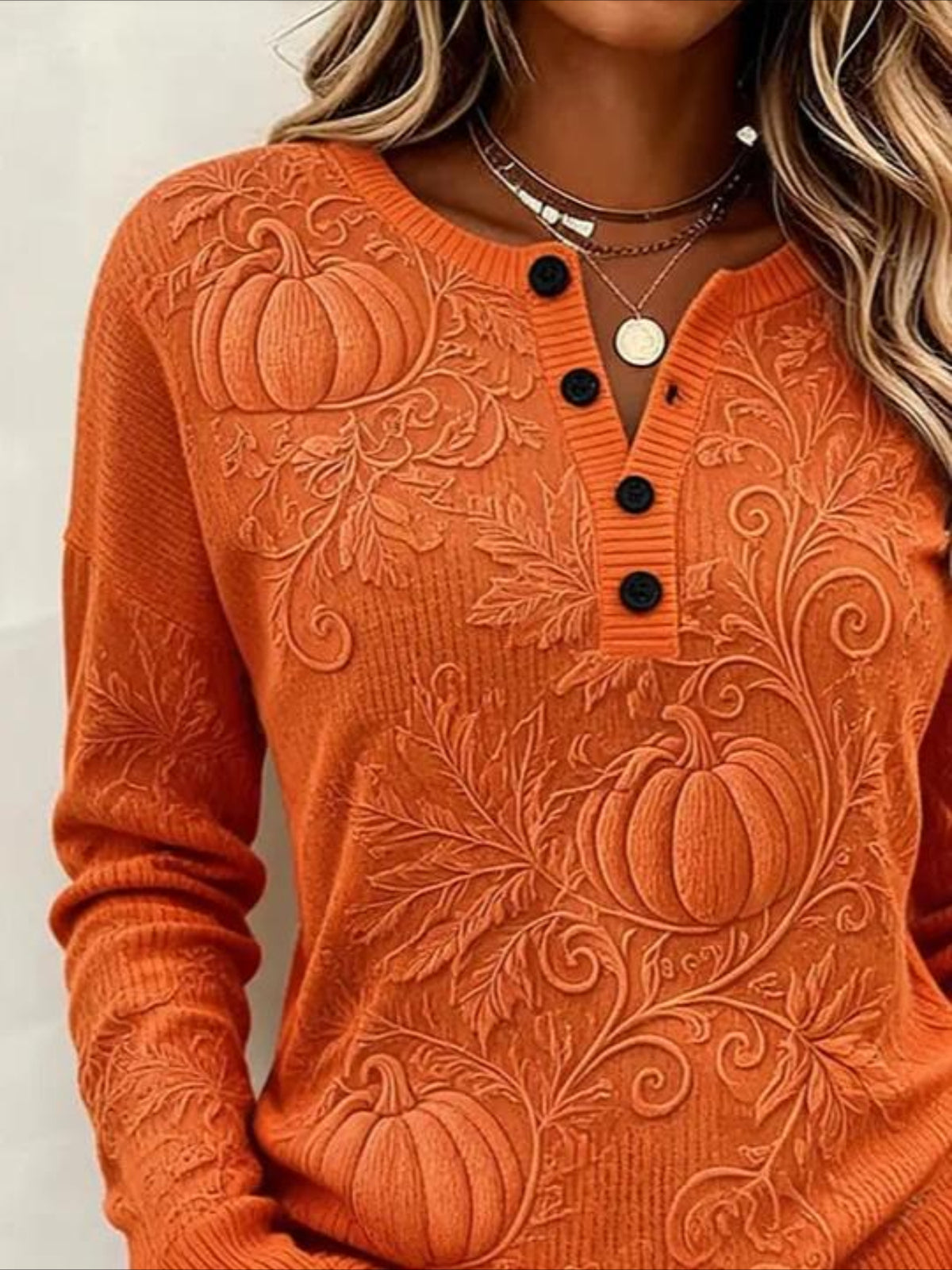 Maple Leaf V Neck Button Long Sleeve T-Shirt