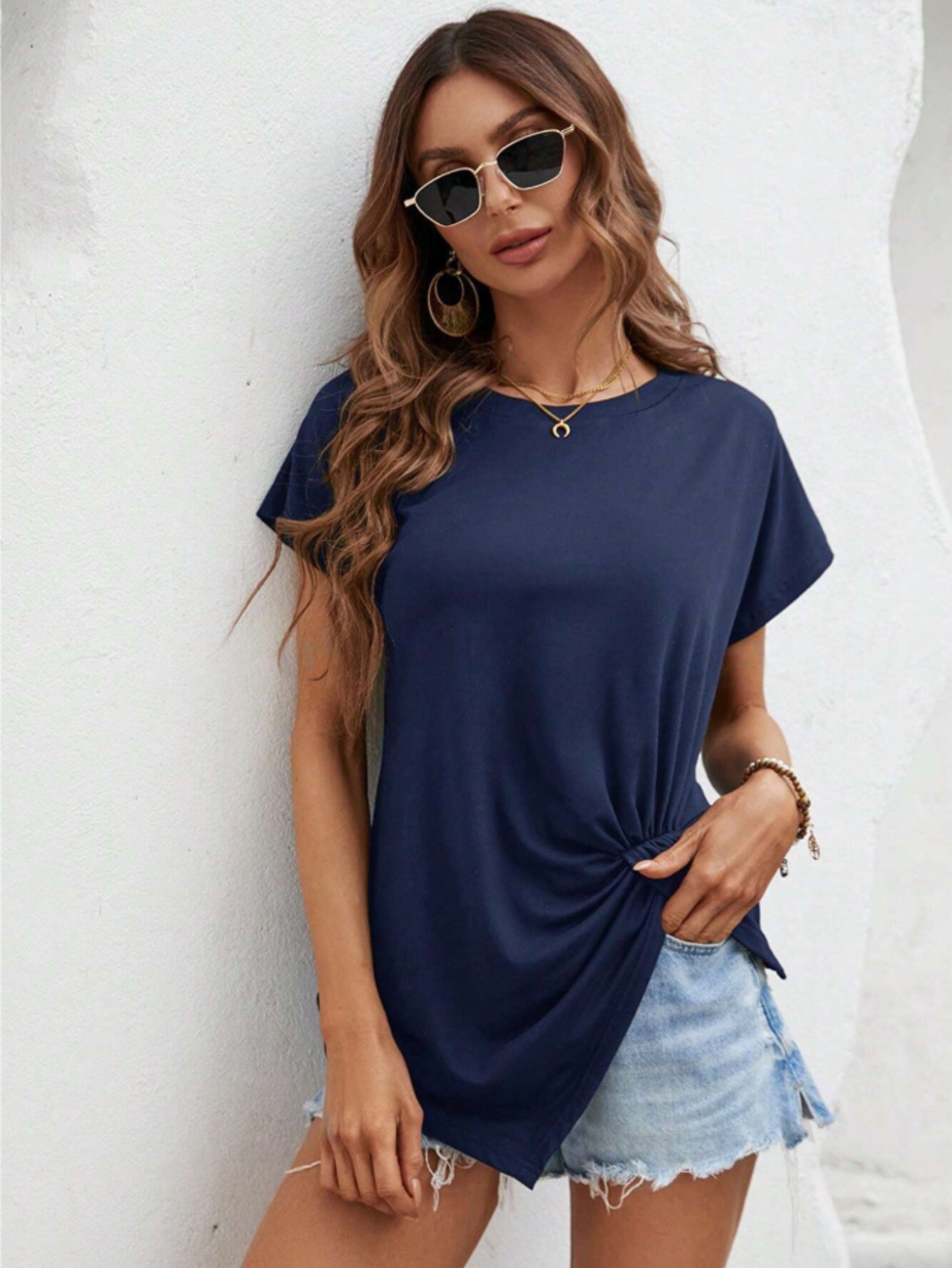 Solid Color Knot Front Asymmetrical T-Shirt, Casual Crew Neck Short Sleeve T-Shirt