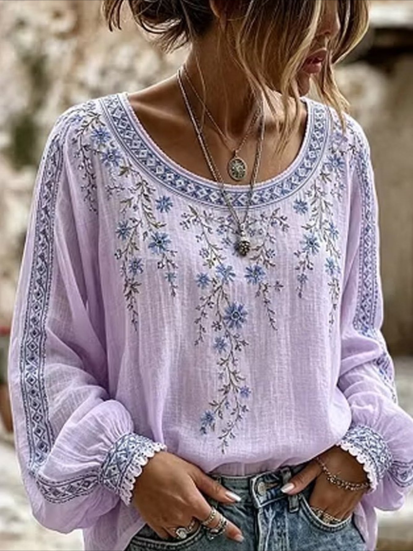 Vines Floral Crew Neck Long Sleeve Blouse