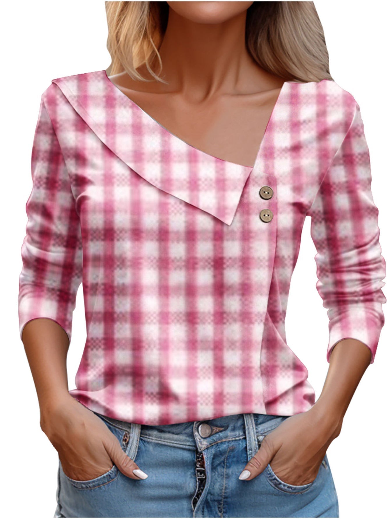Chic Plaid Print Elegant Long Sleeve V-Neck T-Shirt