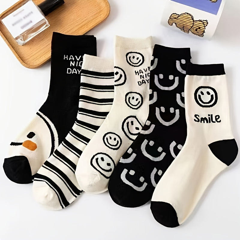 5 Pairs Happy Face Crew Socks, Cartoon Cat Breathable Cotton Mid Tube Socks