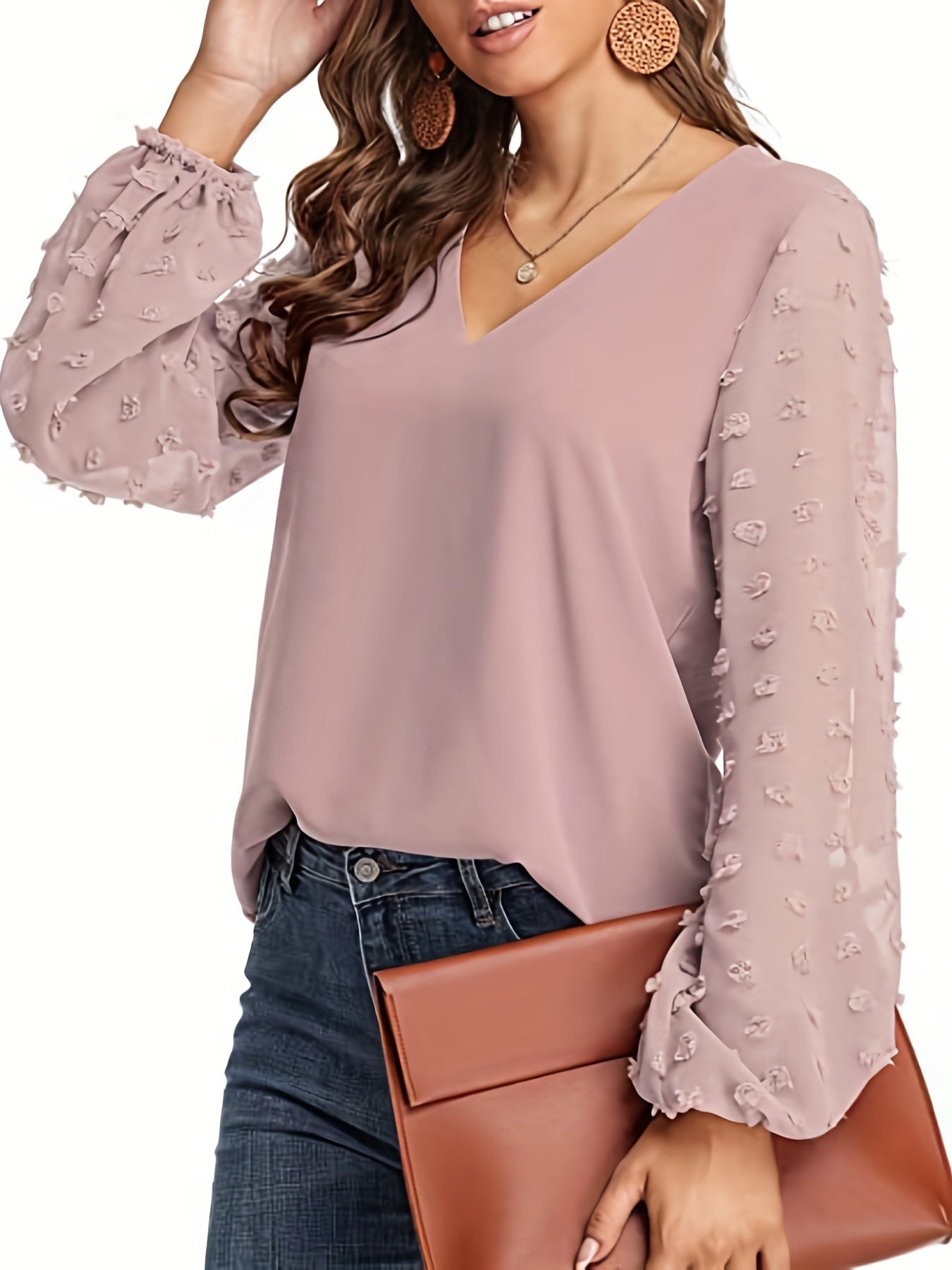 Swiss Dot Sleeve Shirt, Casual V Neck Solid Shirt