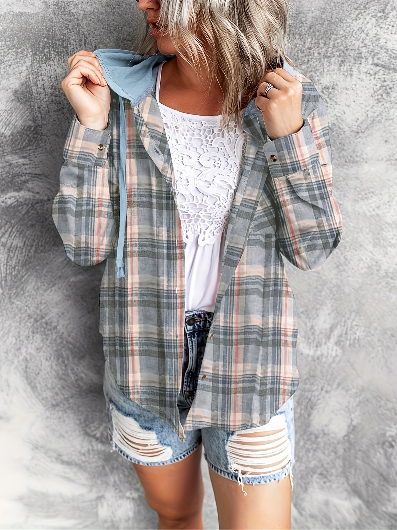 Plaid Print Hooded Shirt, Casual Long Sleeve Drawstring Shirt