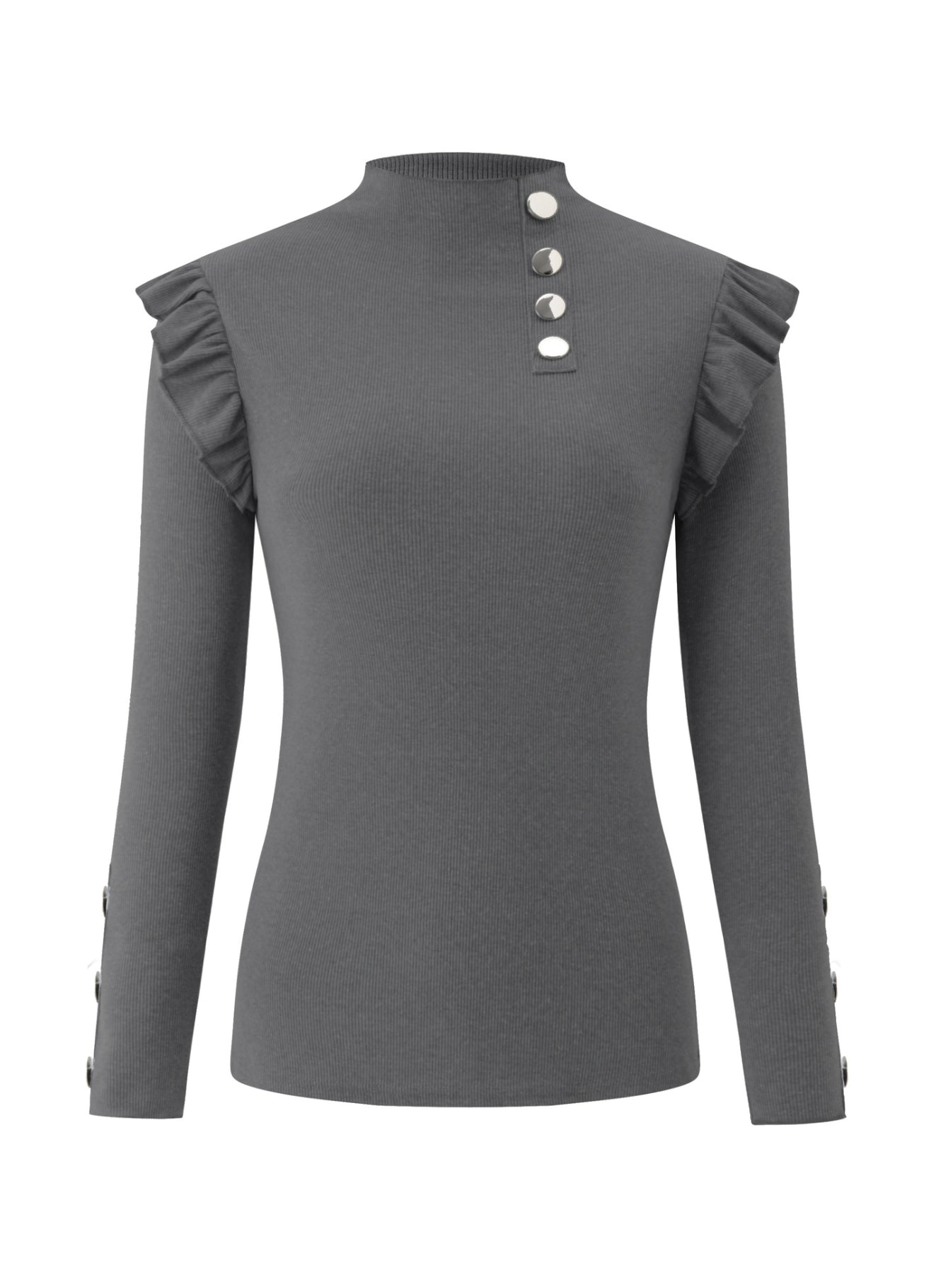 Solid Mock Neck Ruffle Trim Tee, Elegant Long Sleeve Slim T-shirt