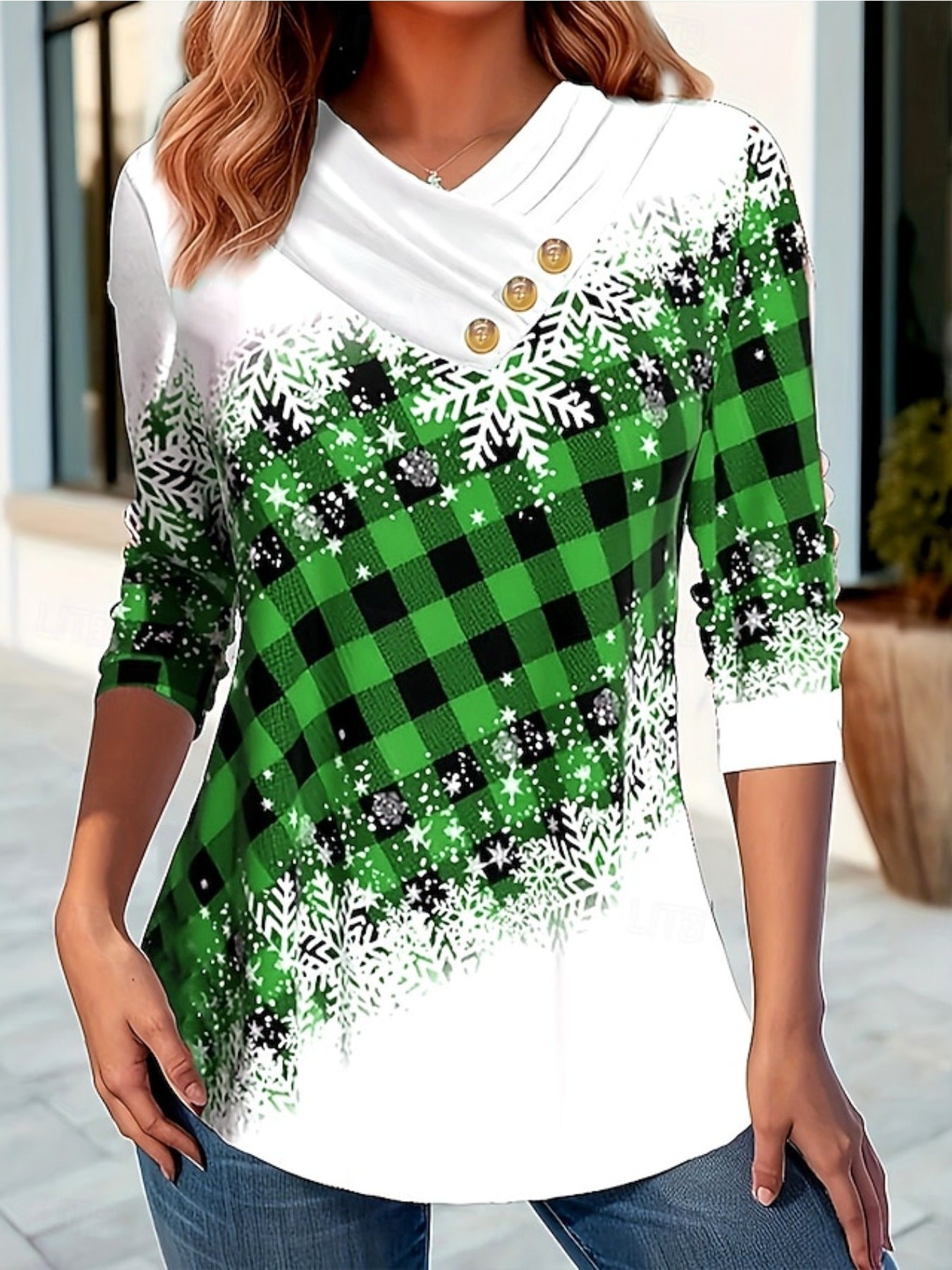 Christmas Snowflake Print Button Decor T-shirt, Casual Long Sleeve Plaid Print T-shirt