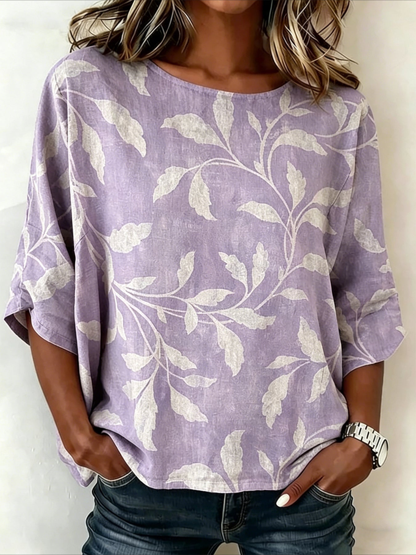 Leaf Prints Loose Cotton and Linen Vintage Shirt