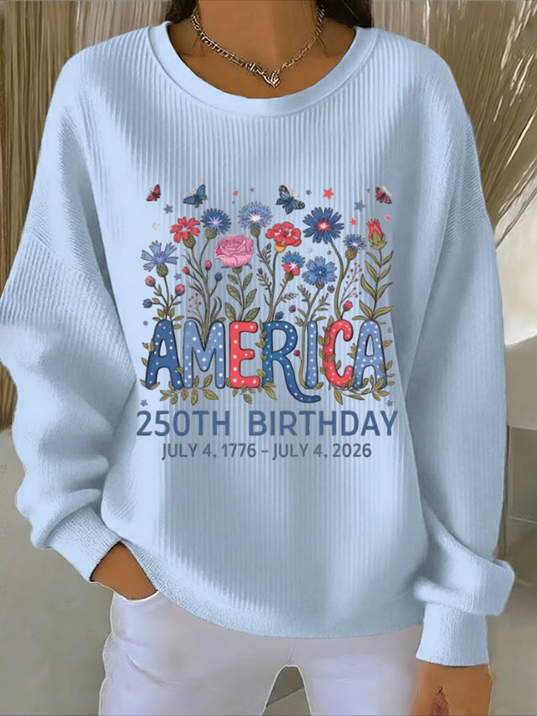 USA 250th Anniversary Printed Crew Neck Floral Long Sleeve Sweater Hoodie