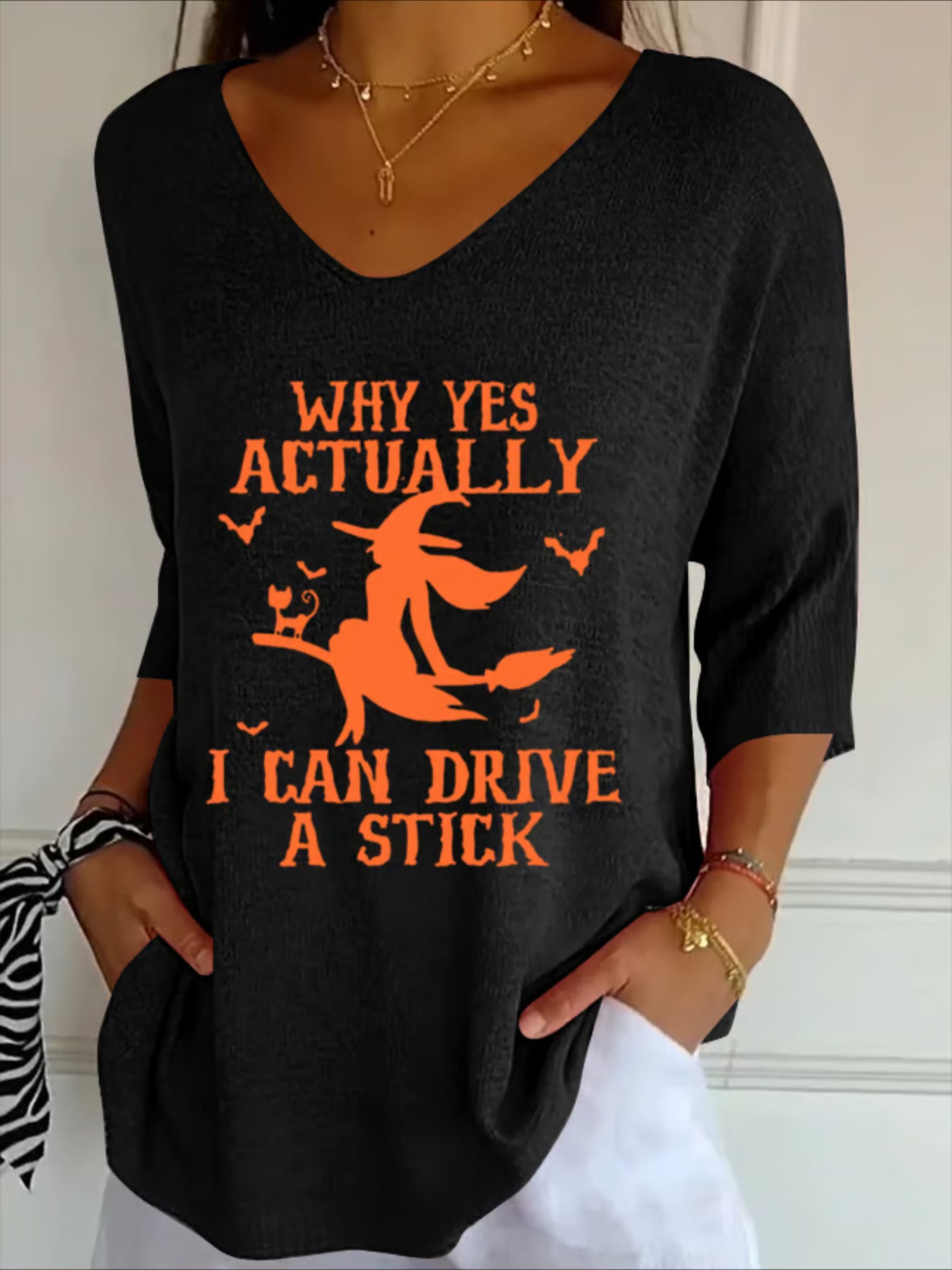 Halloween Printing Three Quarter Sleeve V Neck Casual Graphic Tee