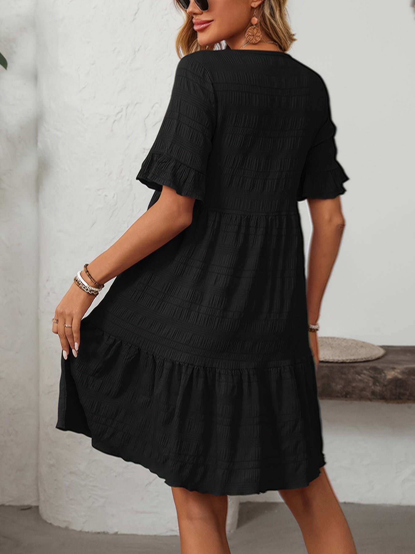 Square Neck Ruffle Detail Knee-Length Casual Short Sleeve Flowy Dress
