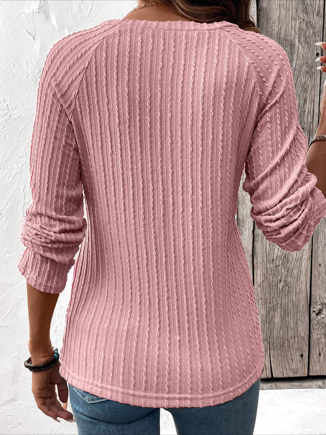 Jacquard Long Sleeve Round Neck T Shirt