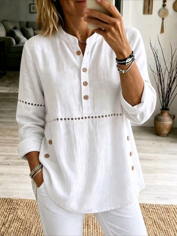 Solid Color Stand Collar Long Sleeve Half-Placket Side Button Cutout Detail Loose Fit Top