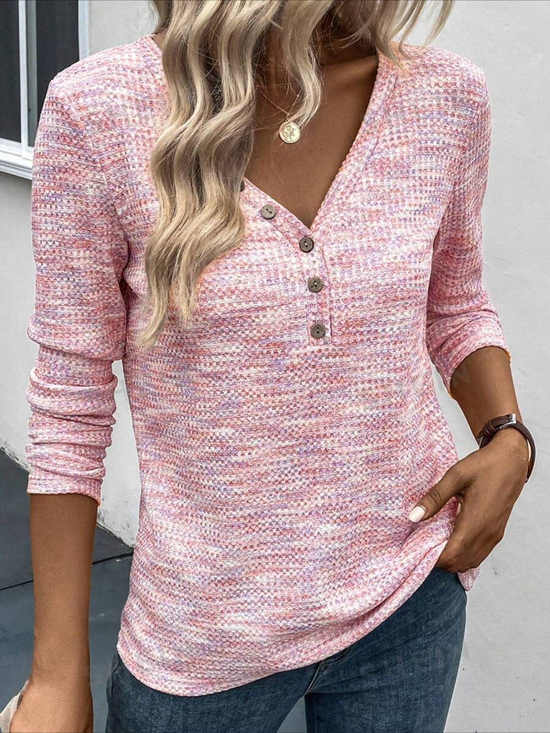 Elegant Button Detail V-Neck Long Sleeve T-Shirt