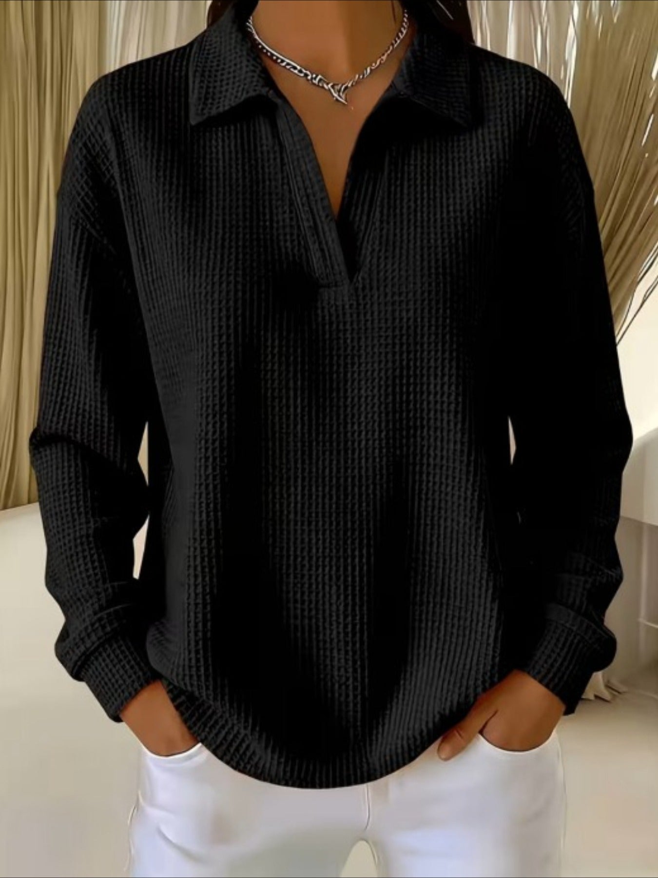 Waffle Lapel Neck Long Sleeve Polo Top