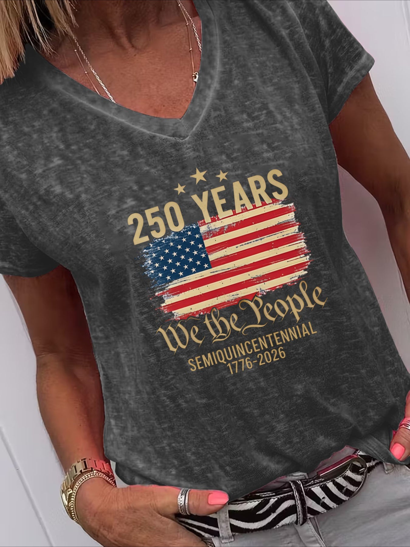 Casual American Flag Print V Neck Short Sleeve T-Shirt