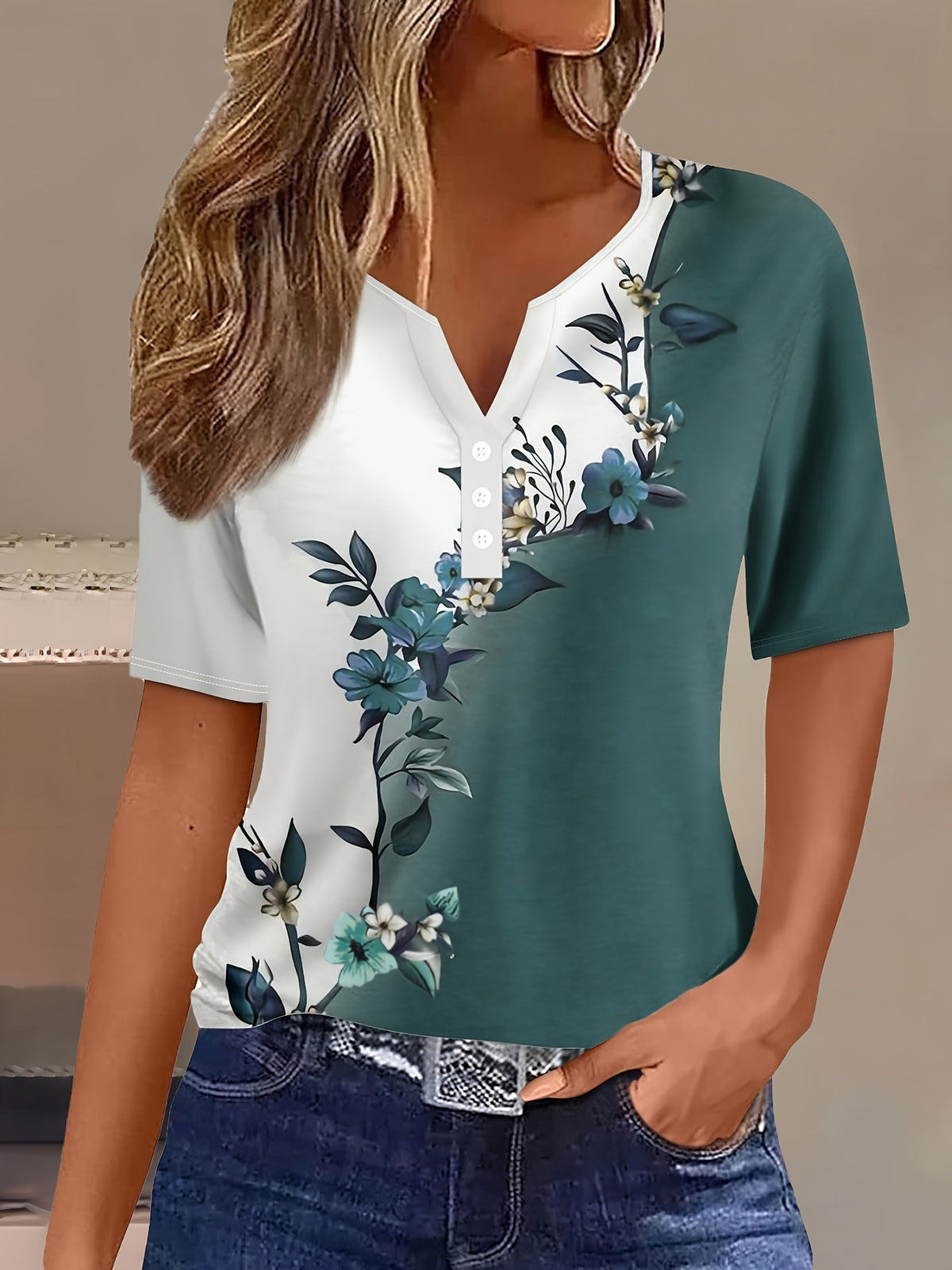 Vintage Notched Neck Floral Print Color Block T-Shirt