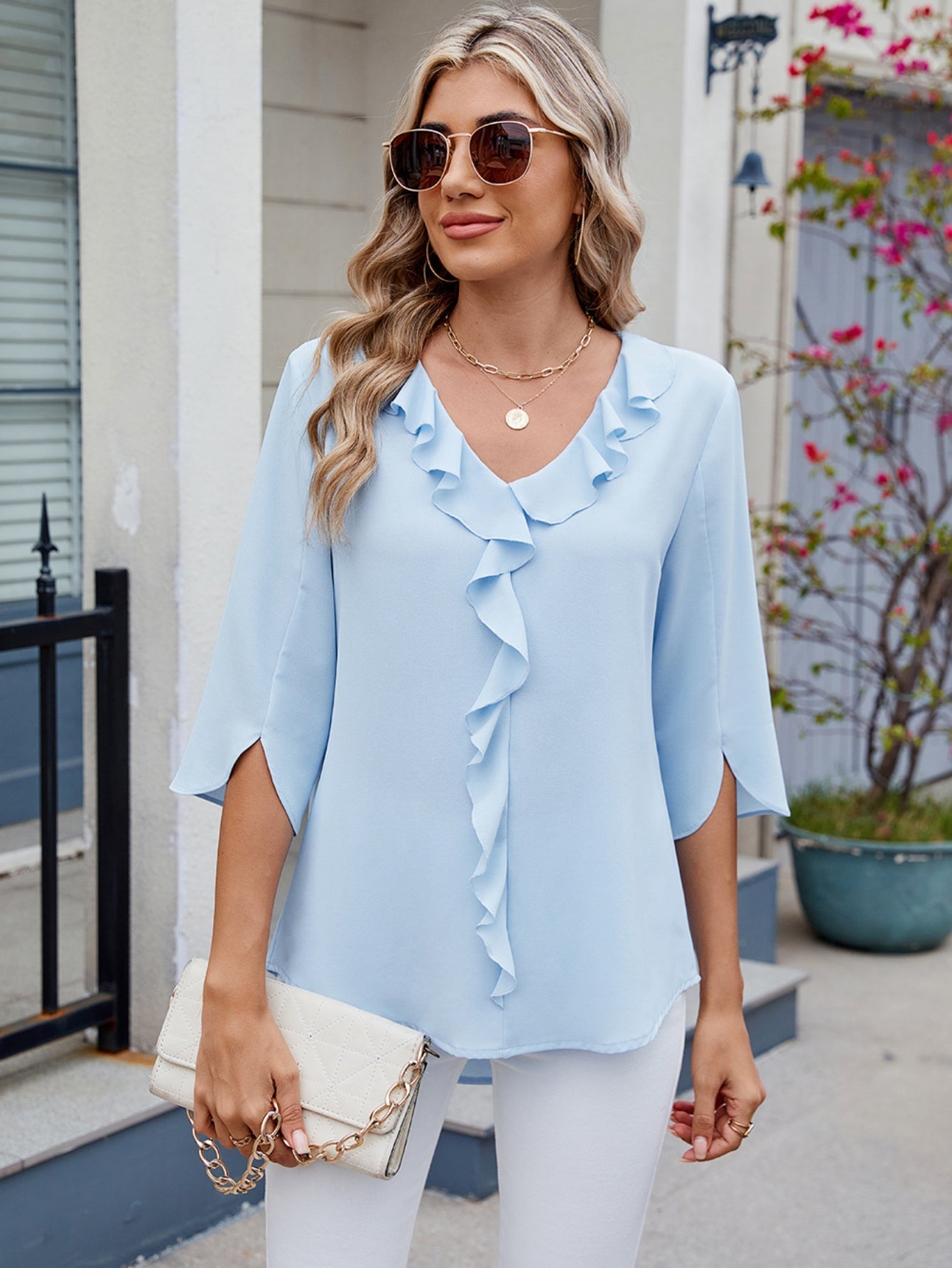 Tooluck Womens Dressy Casual Blouses 3/4 Sleeve V Neck Ruffle Tops