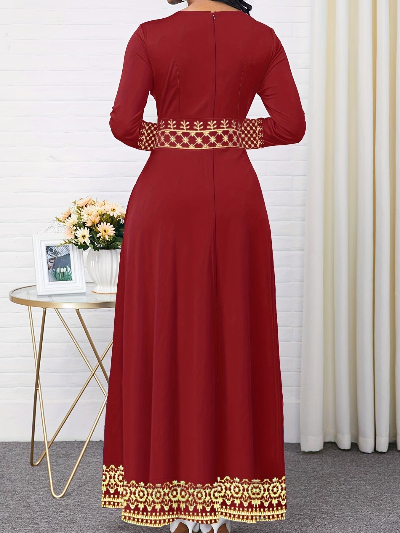 Vintage Print Long Sleeve Elegant Dress, Crew Neck Long Sleeve Dress