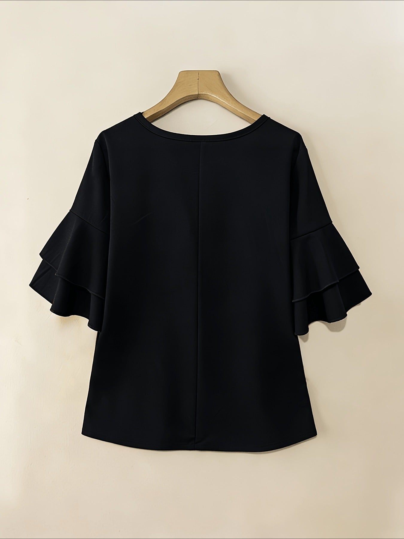 Elegant Fashion Summer Loose Solid Round Neck Button-Up Shirt Flared Sleeve Ruffle Top
