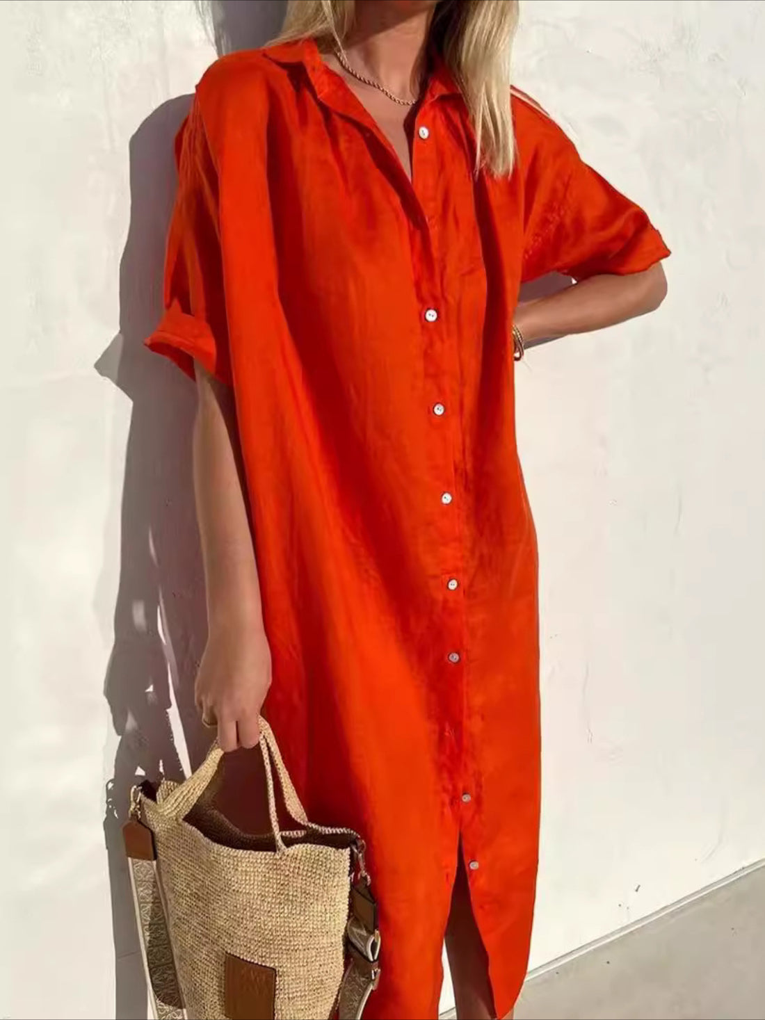 Solid Color Half Sleeve Button Down Maxi Dress