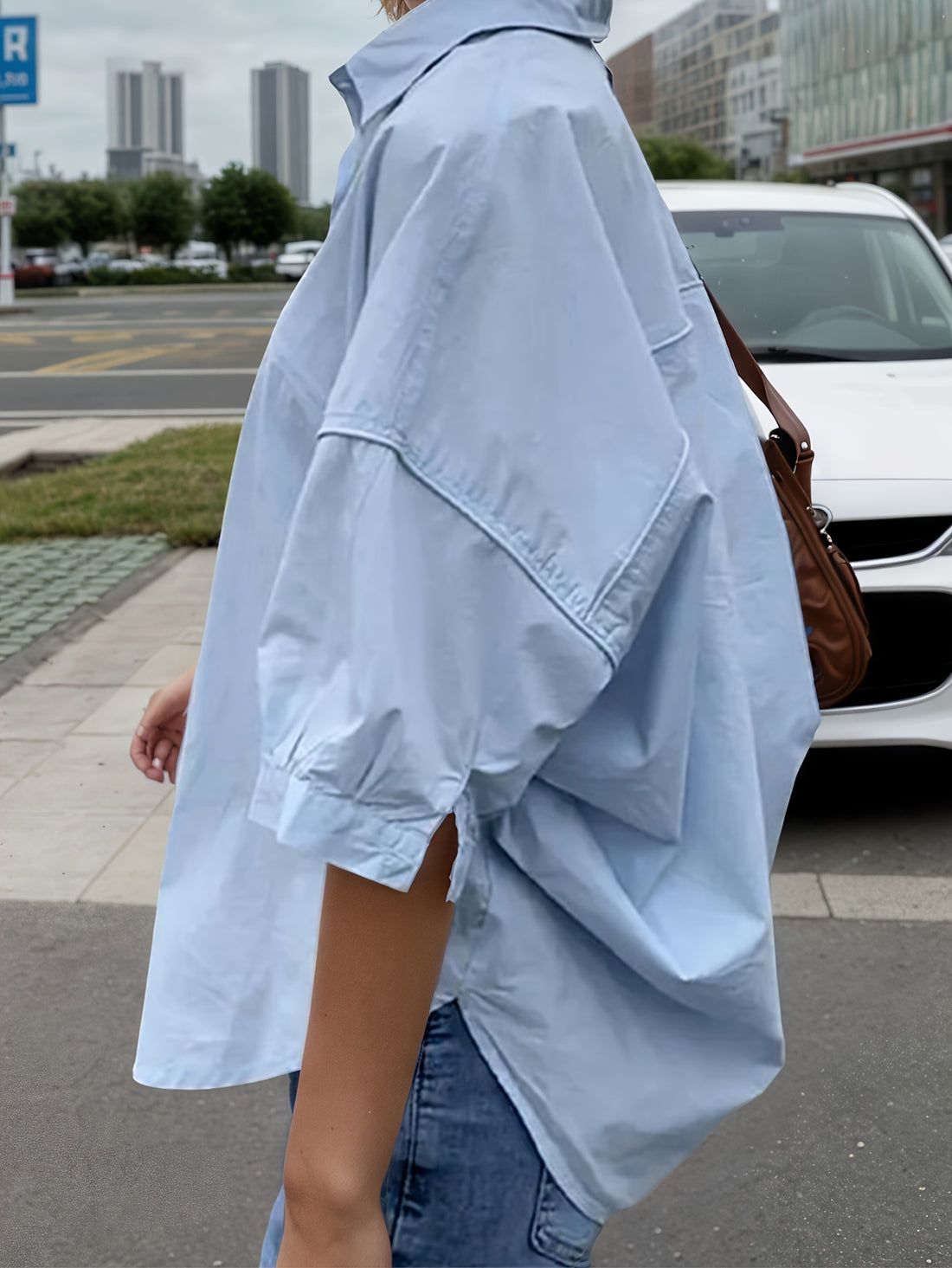 Blue Lapel Short Sleeve With A Loose Thin High-grade Commuter Half-sleeved Shirt