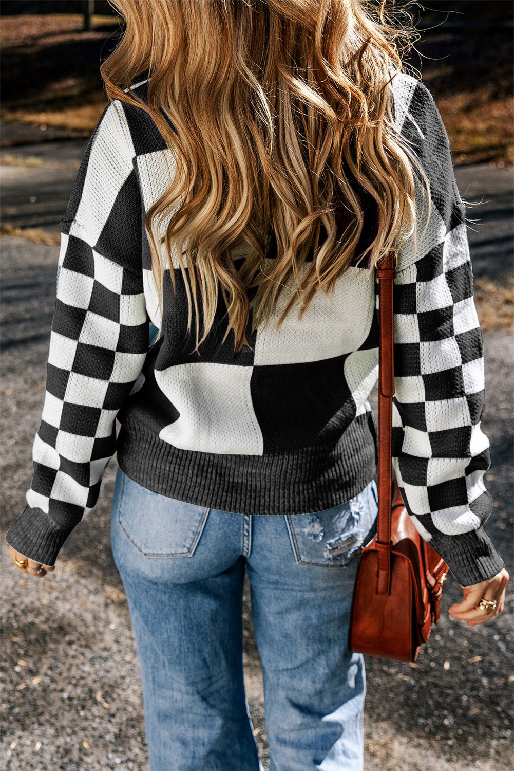 Black Checkered Print Drop Shoulder Sweater