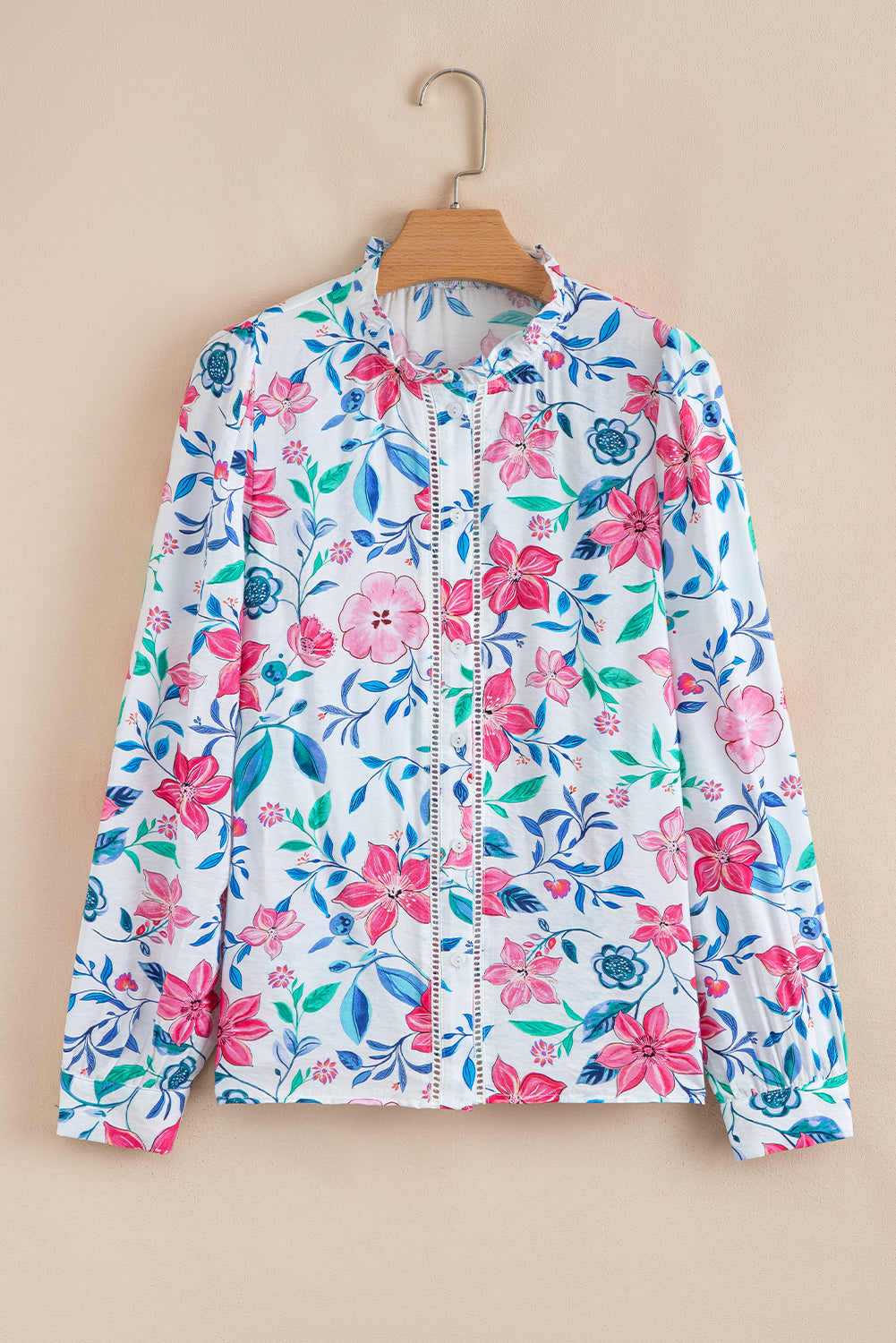 Pink Floral Print Lace Detail Button-up Long Sleeve Shirt