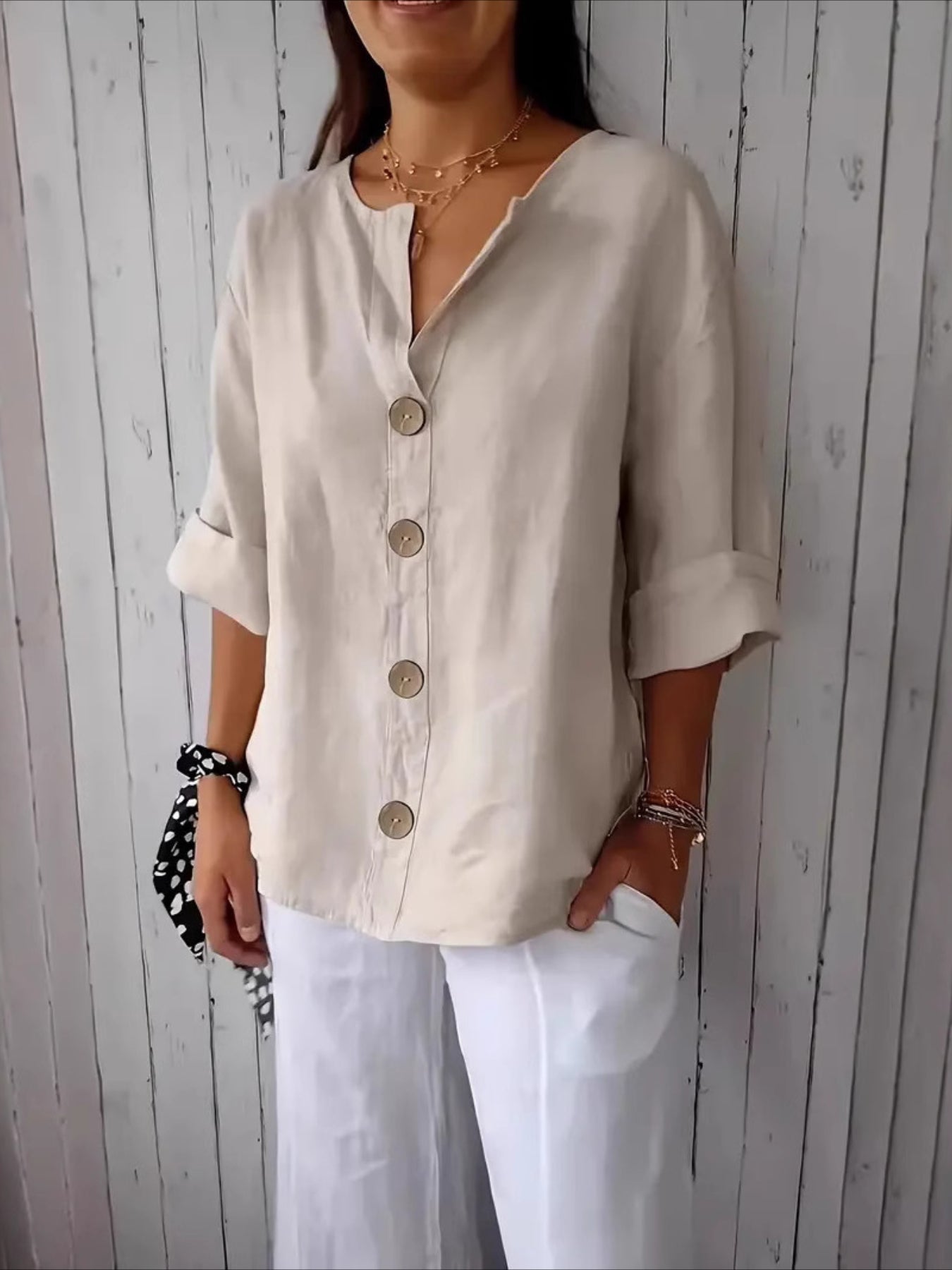 V-Neck Button-Up Solid Color Short Sleeve Loose Fit Short Sleeve Shirt