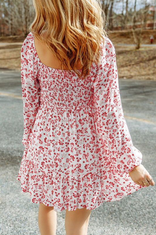 Mineral Red Boho Floral Smocked Puff Sleeve Mini Dress