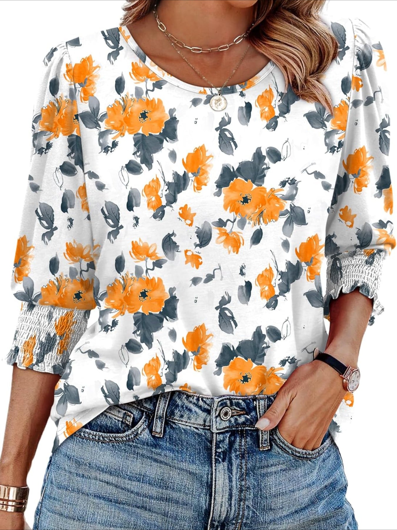 Casual 3/4 Length Sleeve Blouses with Smocked Cuffs