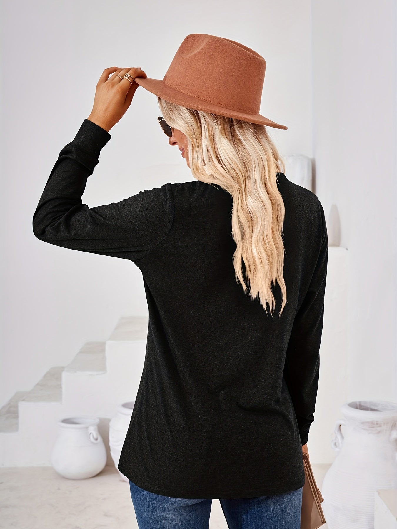 Solid Long Sleeve Button Decor Notched Neck Slight Stretch Tee
