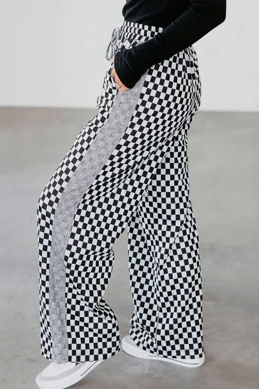 White Checkerboard Drawstring Waist Casual Pants